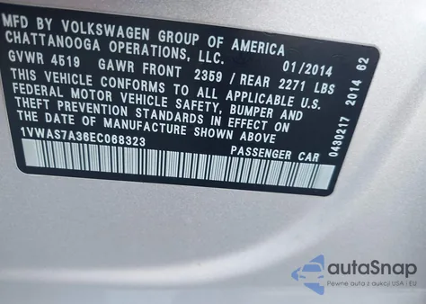 2014 Volkswagen Passat 1.8T Wolfsburg Edition from USA, damaged, VIN 1VWAS7A36EC068323
